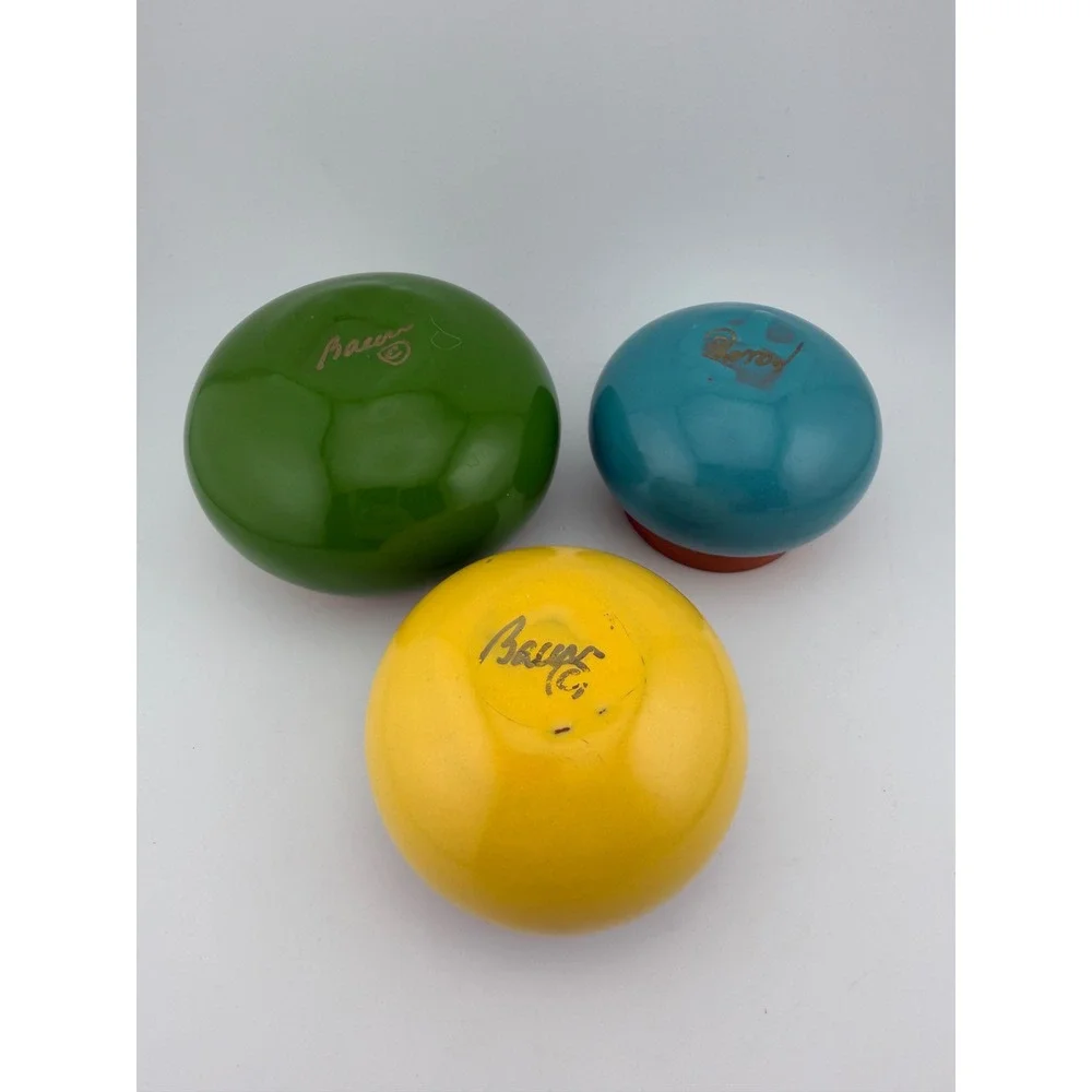 Set of 3 Bauer Pottery Small Round‎ Bowls Planters Vases Green Yellow Teal